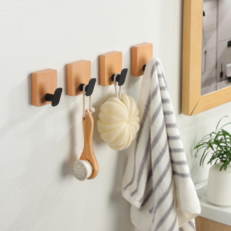 DELITON Towel Hooks Wall Mounted - Adhesive Bathroom Coat Hooks for Hanging Robes Clothes Light Brown, Black Solid Wood Beech Wall Hook 4 Packs - Image 2